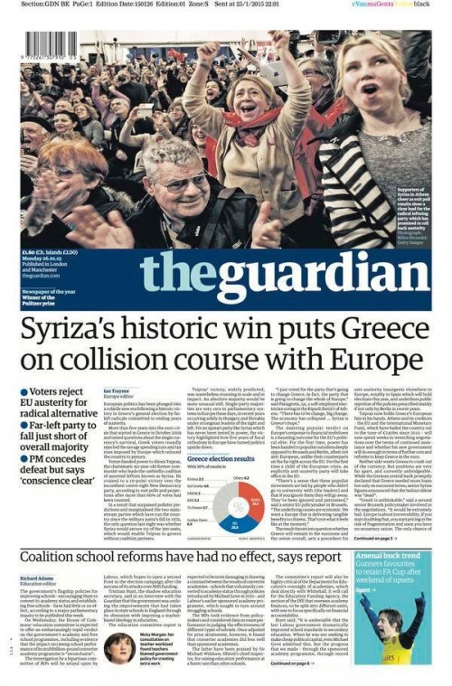 «Η ιστορική νίκη του ΣΥΡΙΖΑ βάζει την Ελλάδα σε τροχιά σύγκρουσης με την Ευρώπη»