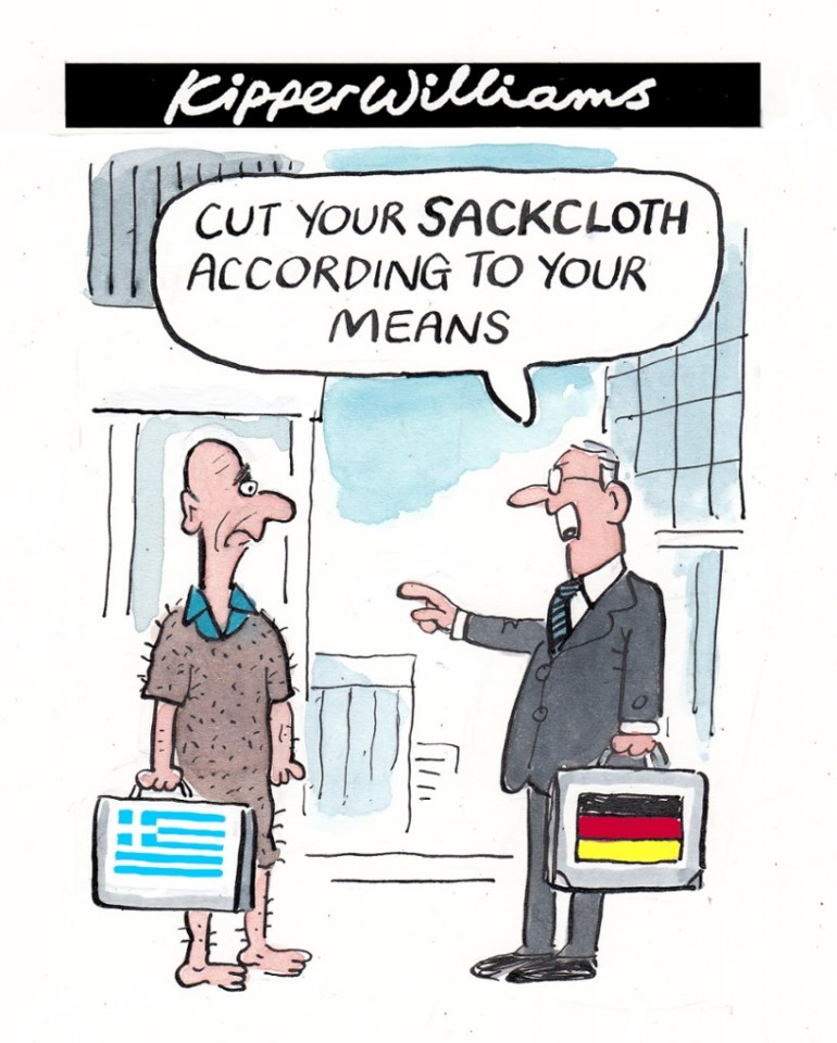 Οι σχέσεις μεταξύ Ελλάδας και Γερμανίας εμπνέουν κατά καιρούς τη χιουμοριστική διάθεση. Εδώ το σκίτσο του Kipper Williams, σκιτσογράφου της Guardian.