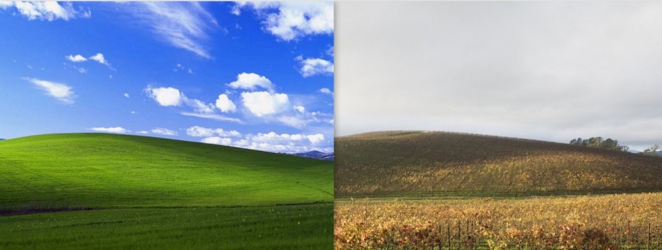 Το περίφημο “Bliss” background των Windows XP και το πώς είναι η περιοχή σήμερα (ή τέλος πάντων, πιο πρόσφατα). Ψιλοκαμία σχέση, έτσι;