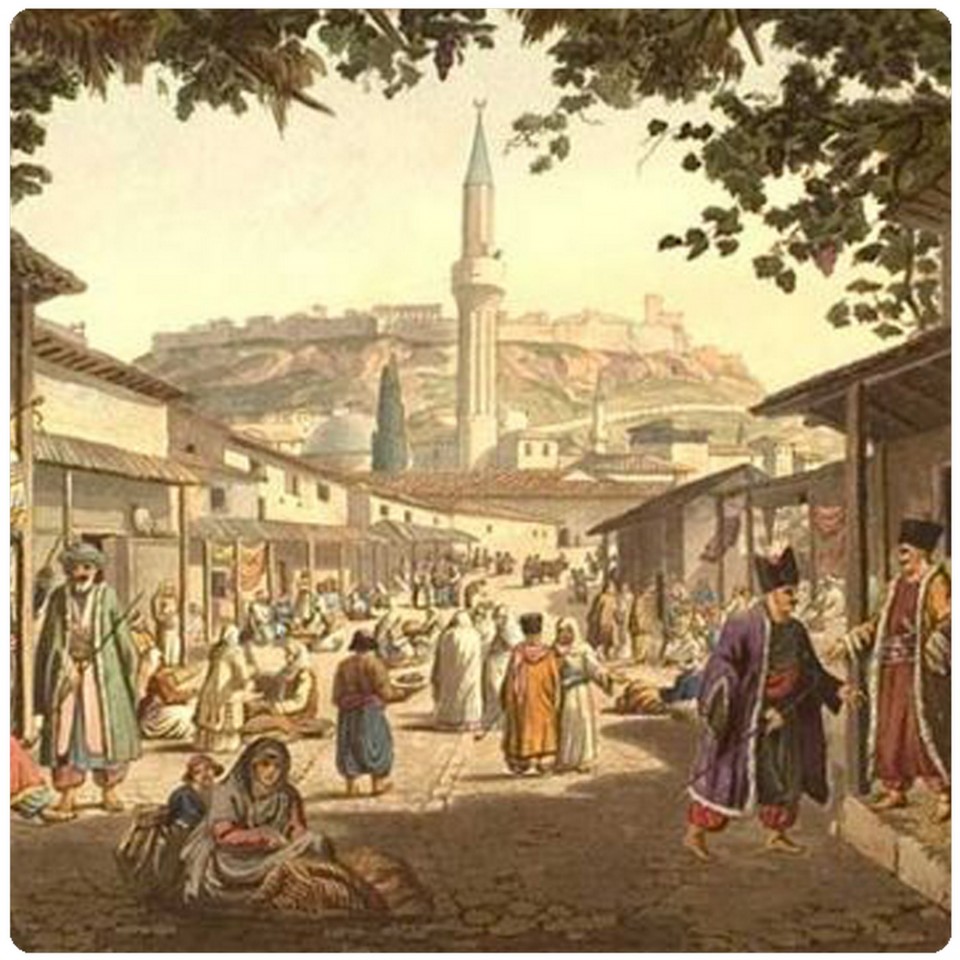 Το παζάρι της Αθήνας, επιχρωματισμένη λιθογραφία του Edward Dodwell (1821)