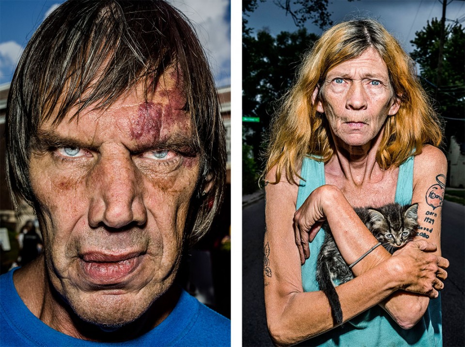 Φωτογραφίες από το νέο φωτογραφικό λεύκωμα του Bruce Gilden, με τίτλο Face. Θέμα του βιβλίου οι άνθρωποι του περιθωρίου, αυτοί που οι υπόλοιποι «δεν θέλουν να κοιτούν». Αριστερά: Τέρι, Αϊόβαμ ΗΠΑ. Δεξιά: Κολούμπους, Οχάιο, ΗΠΑ.