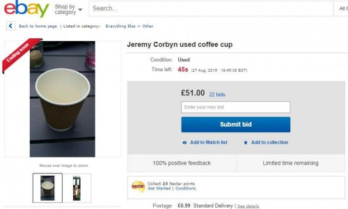 Το χρησιμοποιημένο χάρτινο κυπελάκι καφέ του Jeremy Corbyn πωλήθηκε στο e – bay