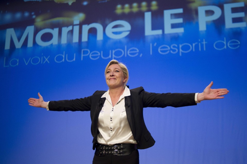 (FILE) A file picture dated 12 February 2012 of Marine Le Pen, leader of French far-right political party National Front (FN) arrive on stage to deliver a speech during a meeting at the Palais des Congres, in Strasbourg, France.ANSA/YOAN VALAT