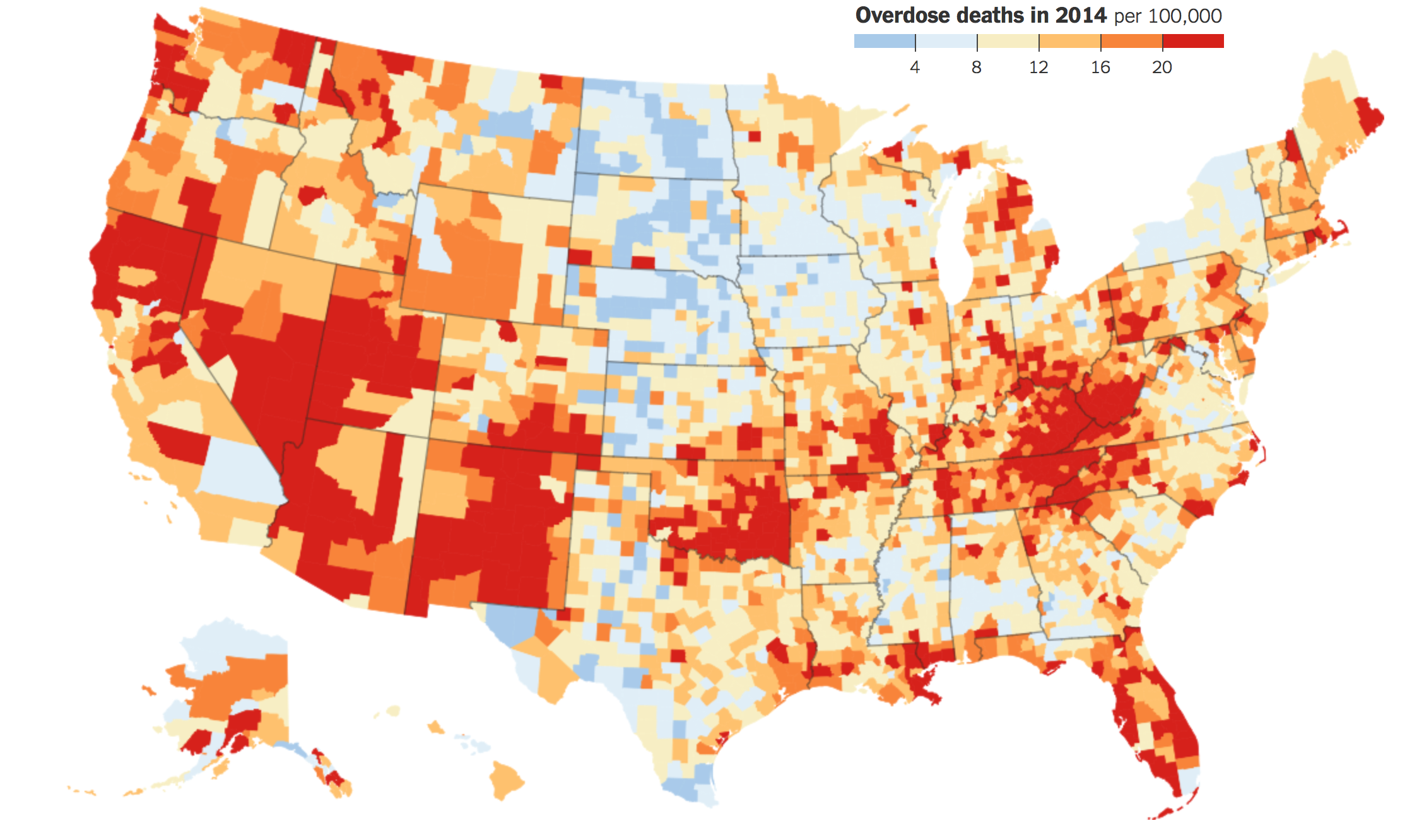 Οι θάνατοι χρηστών από υπερβολική δόση ανά 100.000 κατοίκους για το 2014. (Πηγή: NYT)