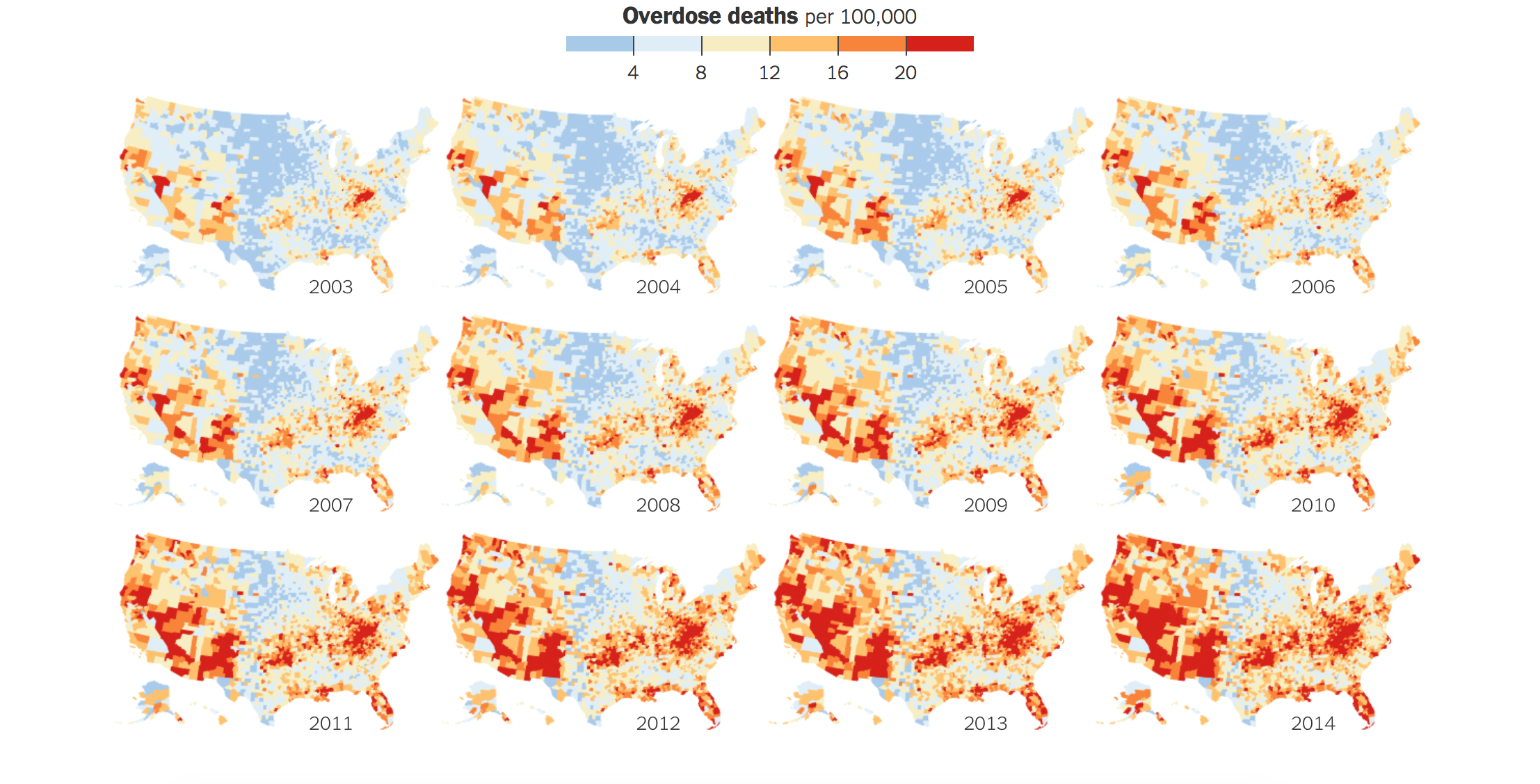 Οι θάνατοι χρηστών από υπερβολική δόση ανά 100.000 κατοίκους την περίοδο 2003-2014 (Πηγή: ΝΥΤ).