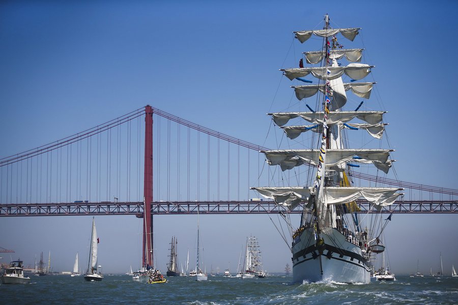 The Venezuela's ship Simon Bolivar passes by the 25th April bridge on the  Tagus River, during the Tall Ships Races Lisbon 2016, in Lisbon, Portugal, 25 July 2016. The event celebrates its 60th anniversary this year.  EPA/MARIO CRUZ