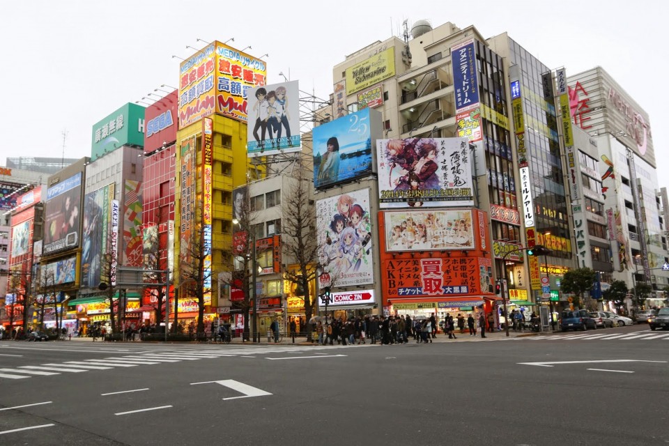 There are rows of anime, manga, video games and computer goods along Akihabara Electric Town in Tokyo, Japan