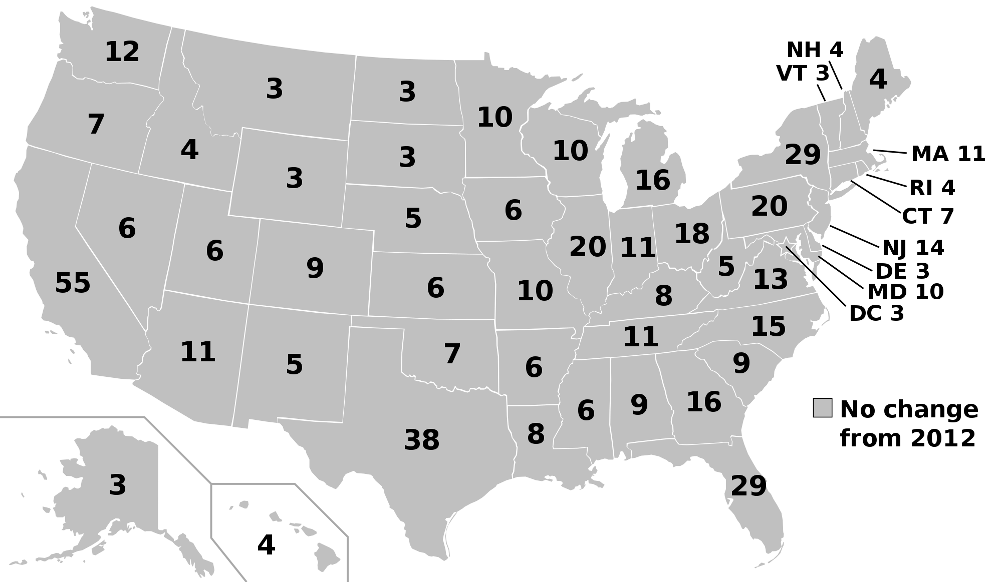 Ο εκλεκτορικός χάρτης των ΗΠΑ. Ξεχωρίζουν η Καλιφόρνια, το Τέξας, η Νέα Υόρκη και η Φλόριντα.