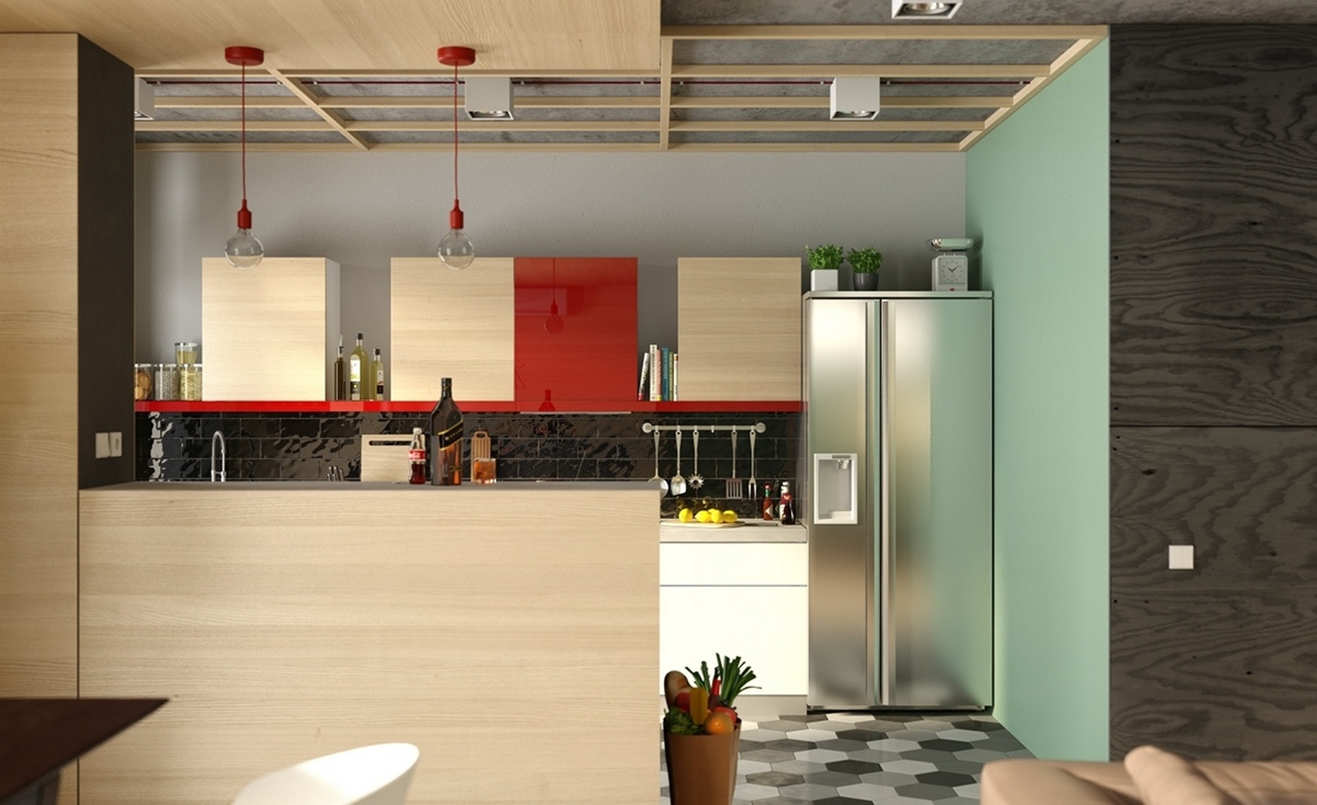 eclectic-kitchen-stainless-steel-fridge