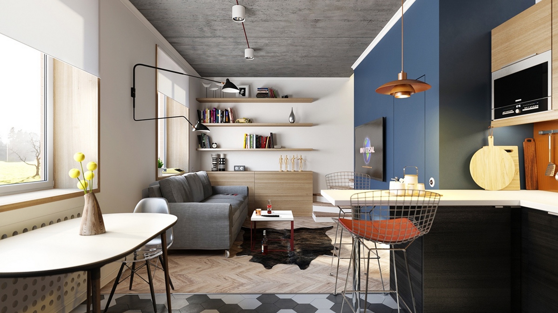 gray-couch-wood-shelves-blue-wall