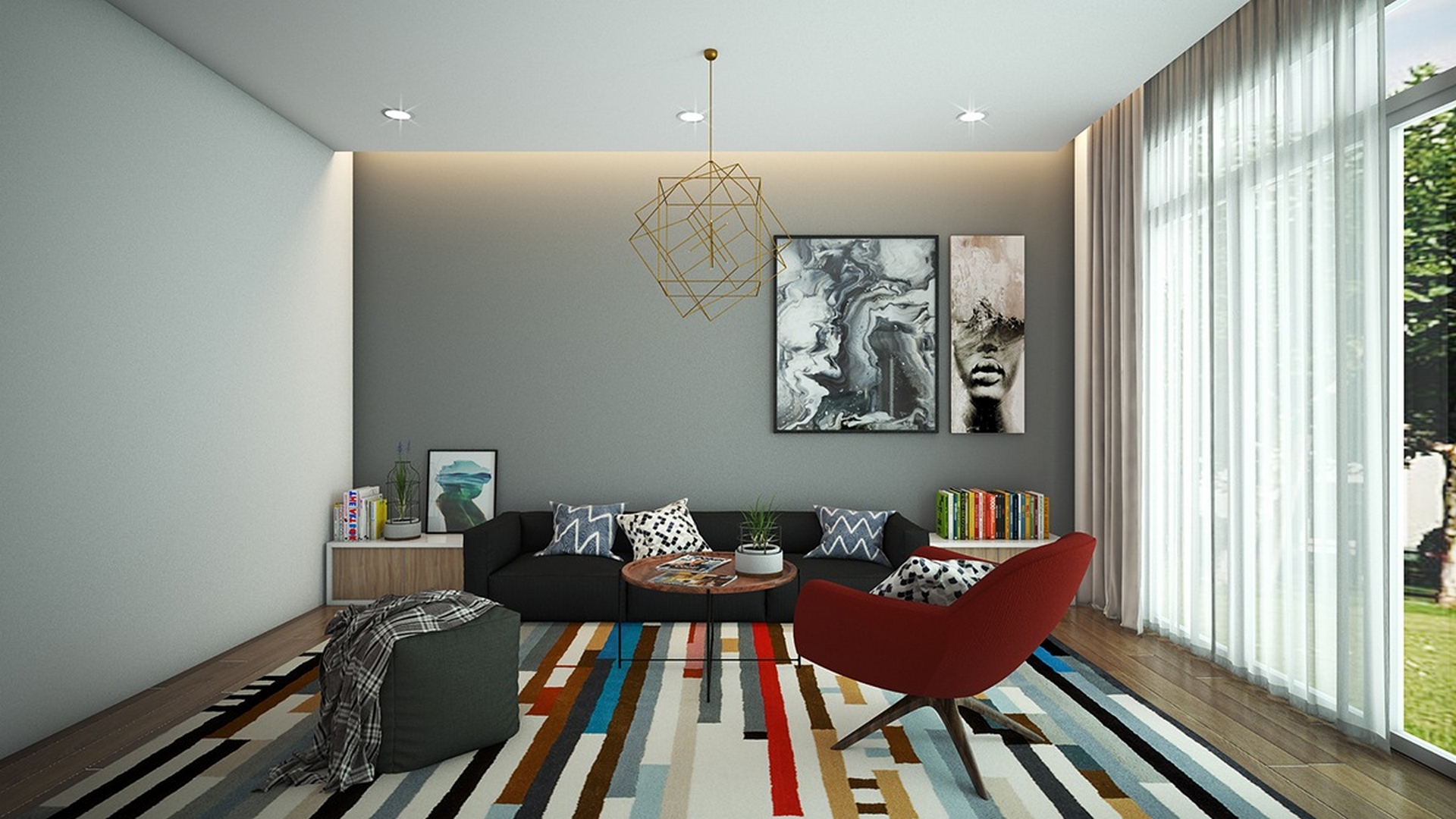 gray-livingroom-colorful-rug-red-chair