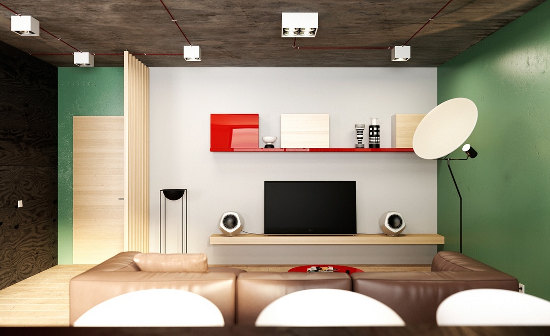 leather-couch-flat-screen-tv-red-shelf