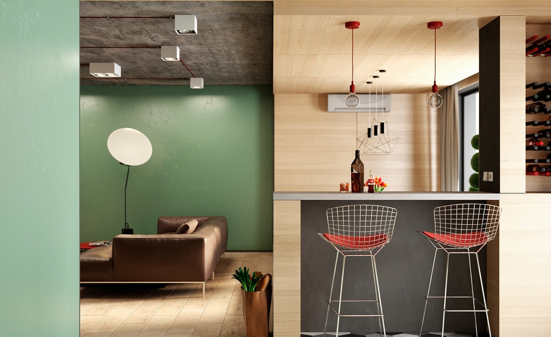 light-wood-kitchen-apartment-green-wall