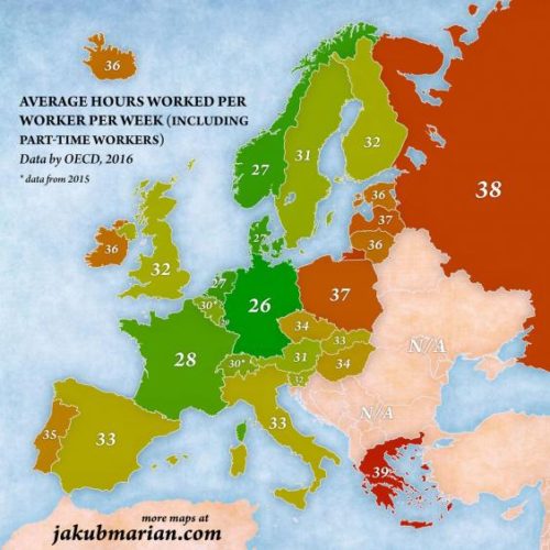 Χάρτης δείχνει ποιοι Ευρωπαίοι δουλεύουν τις περισσότερες ώρες