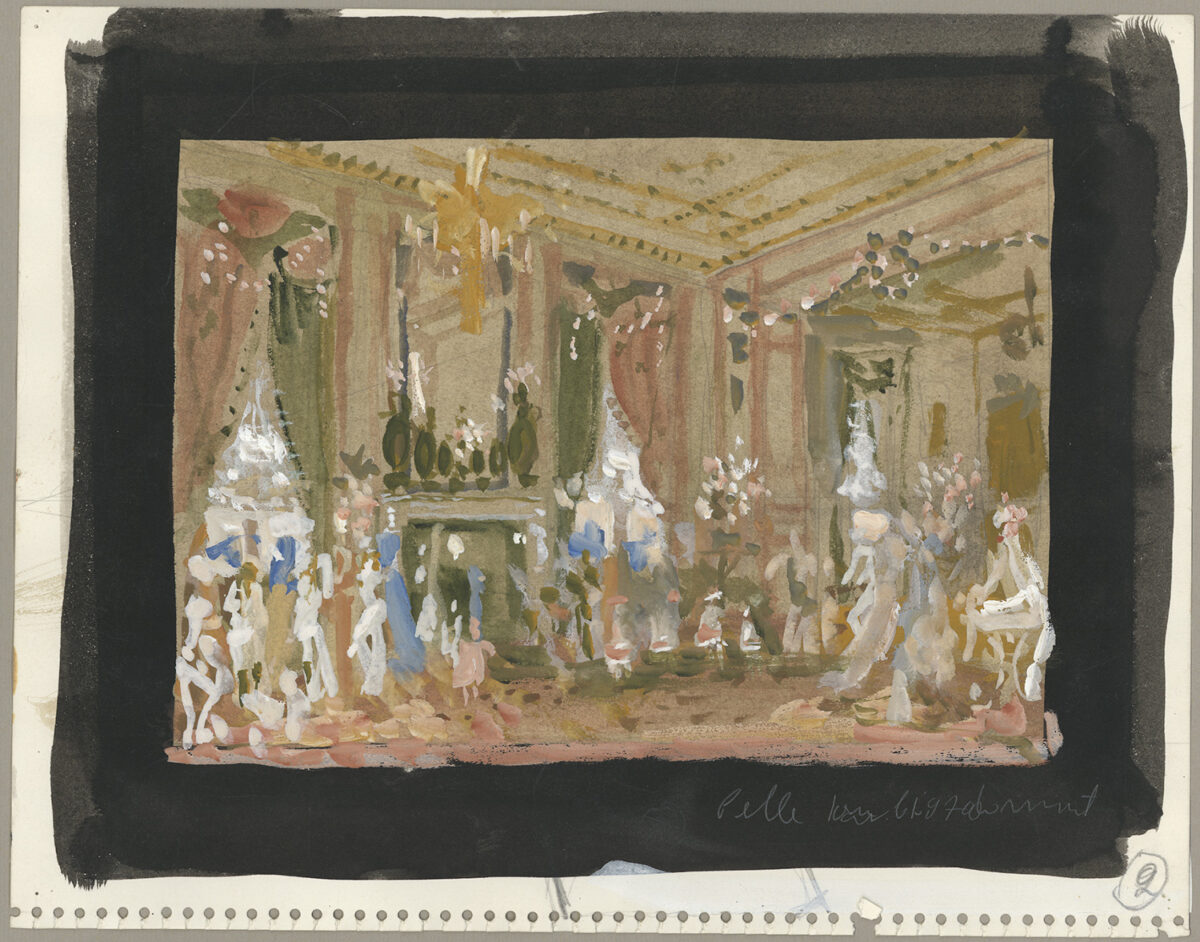 Γιάννης Τσαρούχης: Το σαλόνι της θείας του, χρησιμοποιημένο ως σαλόνι για την πρώτη πράξη του La Belle au Bois Dormant, 1970 Νερομπογιά σε χαρτί, 14 x 21 εκ. Ίδρυμα Γιάννη ΤσαρούχηDormant - Γι