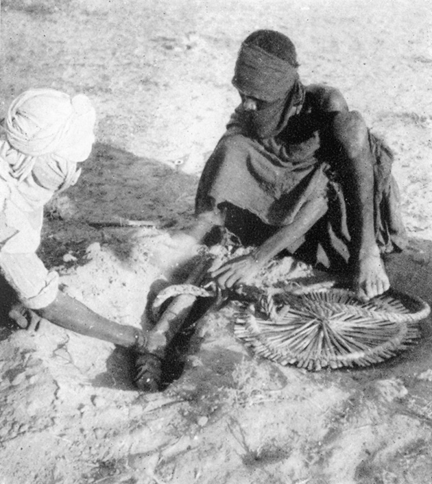 Εκτός από το κυνήγι με σκυλιά, οι Tuareg χρησιμοποιούν και παγίδες. Εδώ βλέπουμε την τοποθέτηση μιας ακτινικής παγίδας και το δέσιμο του σχοινιού σε ένα μεγάλο κλαδί δέντρου κρυμμένου στο έδαφος κάτω από την άμμο.