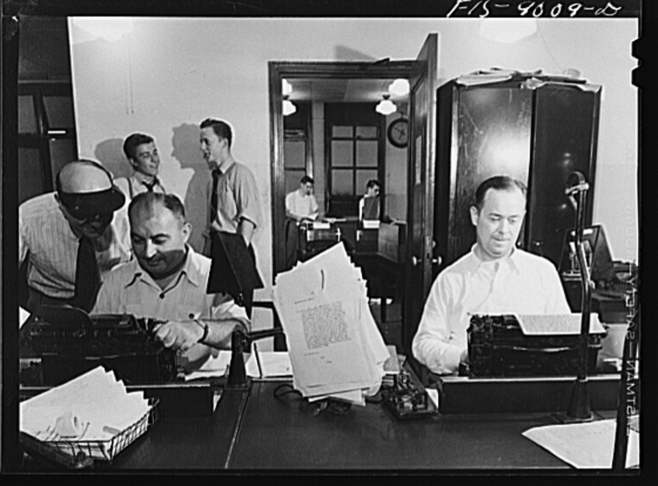 New York, New York. Telegraph room of the New York Times newspaper. News comes in from all over the country and abroad. Direct wire from